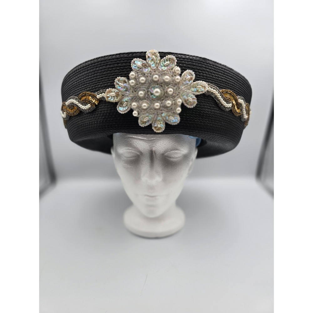 Unbranded Vintage Pillbox Hat Womens OS Black Good Beaded Sequin‎ Pearl Trim